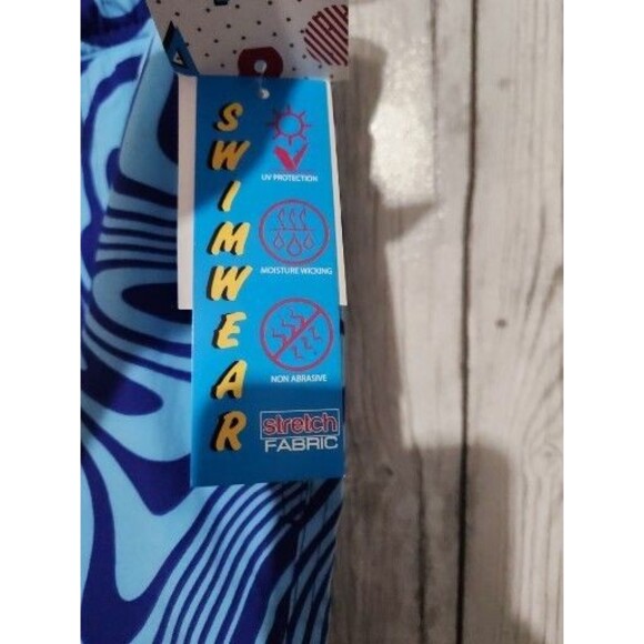 Mens Swim Trunks Medium Blue Swirl Lines Stretch Drawstring Pocket Elastic Waist - Picture 3 of 7